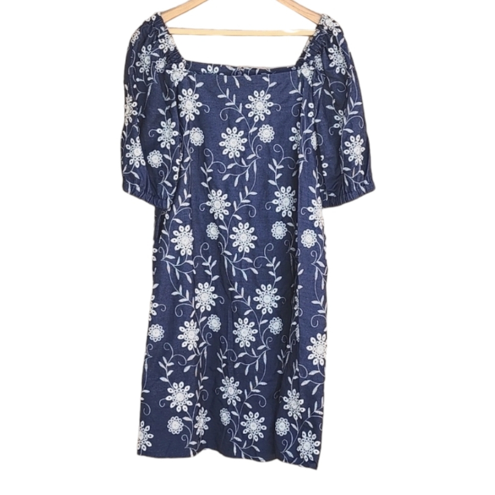 ANNE KLEIN Blue Embroidered Chambray Denim Dress 12 Floral Cotton Shift - Picture 5 of 16